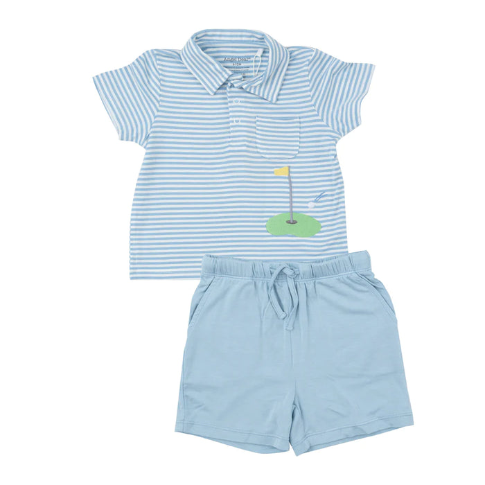 Angel Dear Dream Blue Stripe Polo & Shorts Set