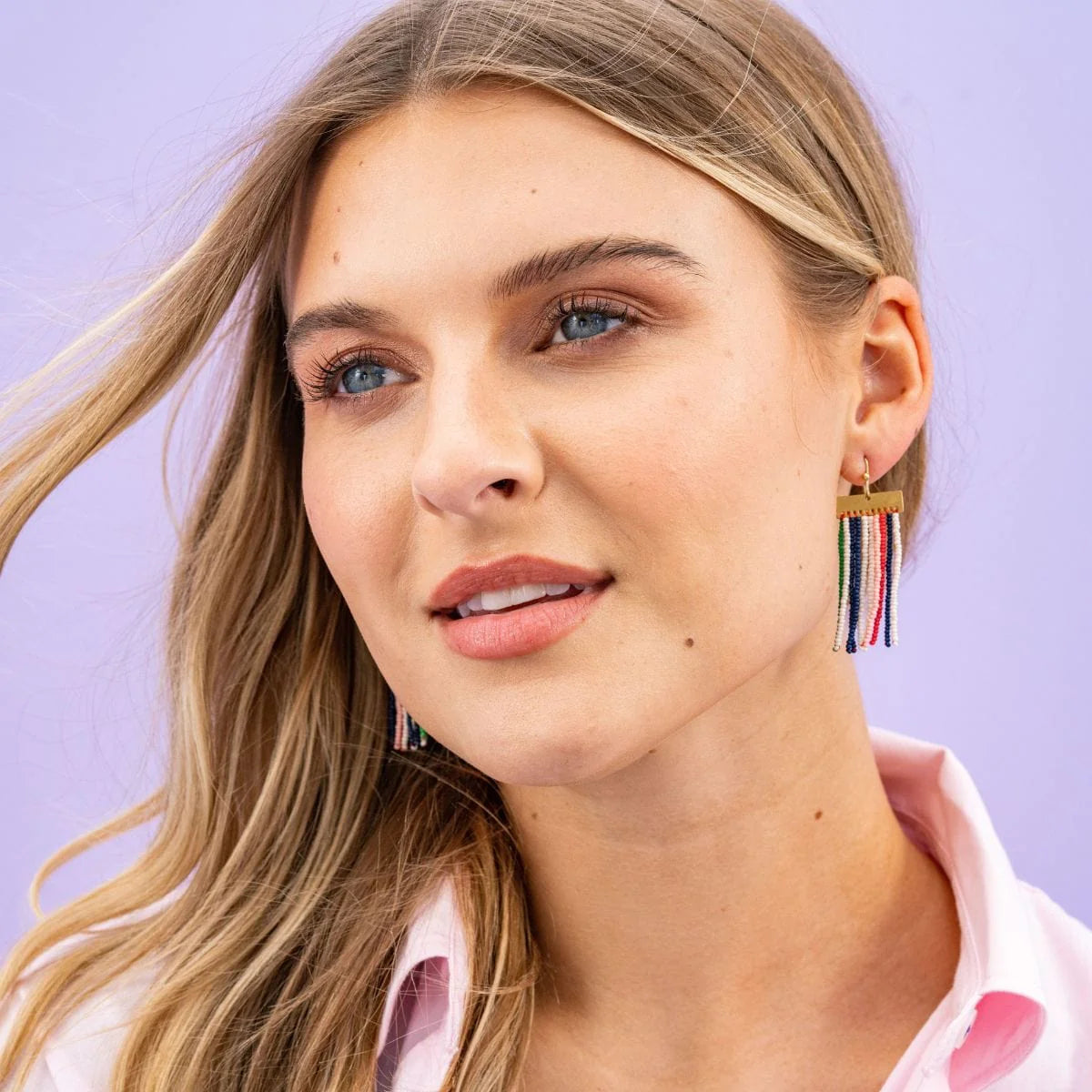 Scout Rectangle Hanger Blocks with Beaded Fringe Earrings in St. Tropez