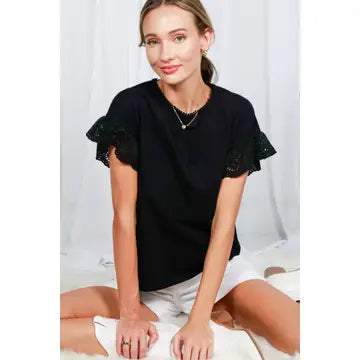 Robyn Eyelet Lace Trim Ruffle Sleeve Top