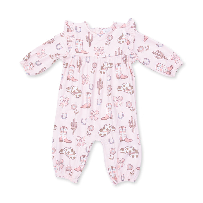 Angel Dear Cowgirl Boots and Bows Ruffle Sleeve Snap Romper