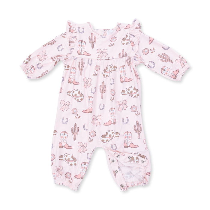 Angel Dear Cowgirl Boots and Bows Ruffle Sleeve Snap Romper
