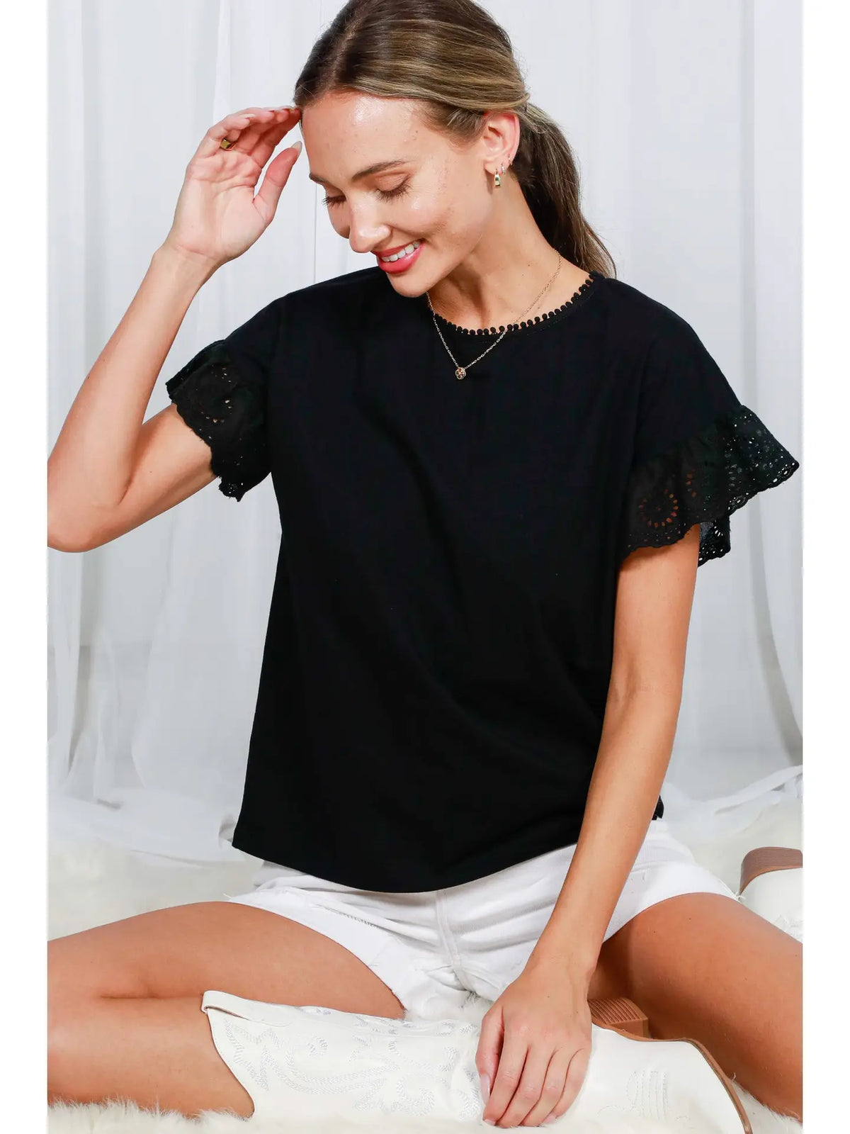 Robyn Eyelet Lace Trim Ruffle Sleeve Top