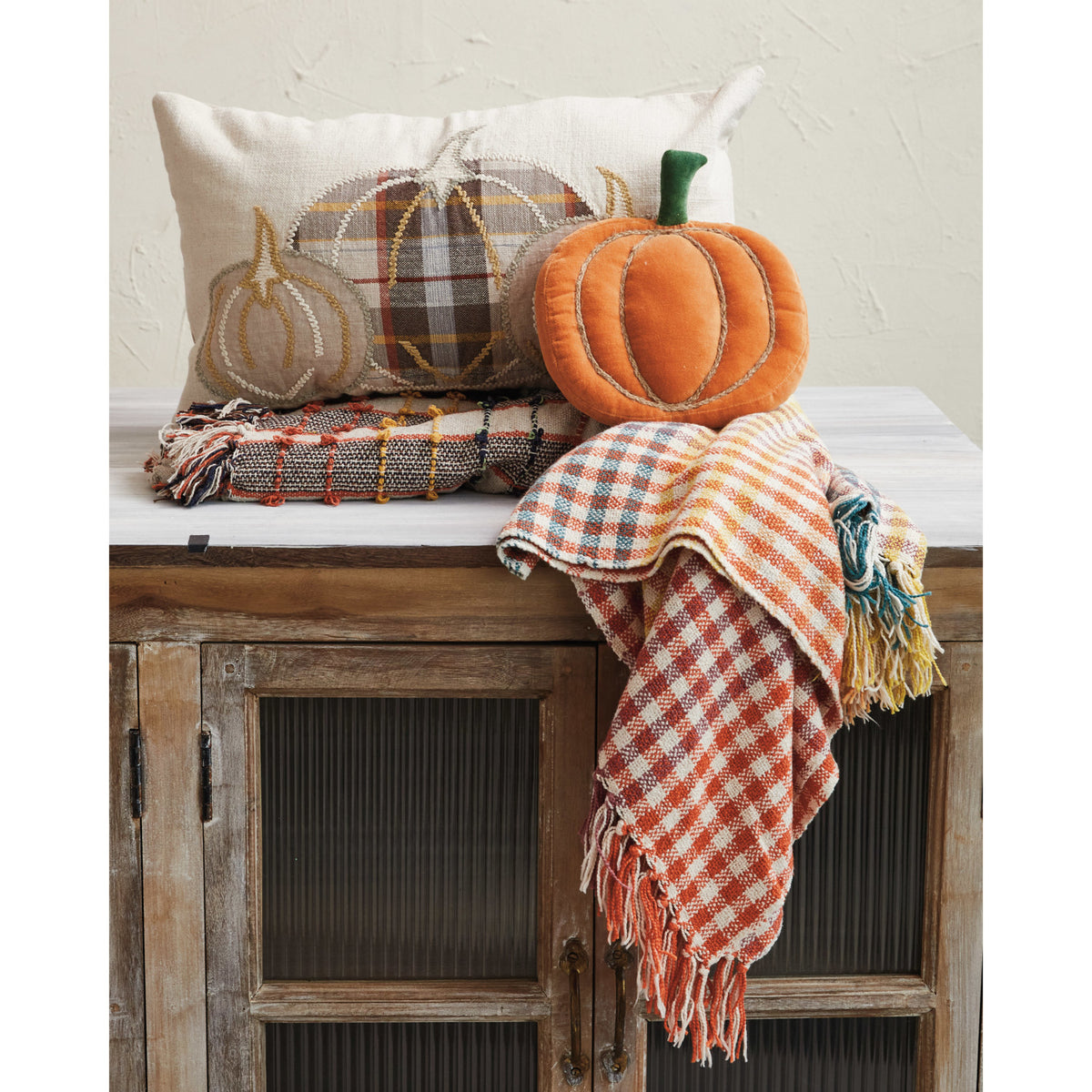 Cotton & Linen Lumbar Pillow w/ Appliquéd Pumpkins