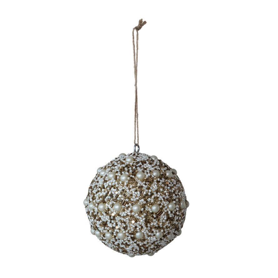 Glass Beaded Plastic Ball Ornament with Faux Pearls, Ivory Color & Gold Finish