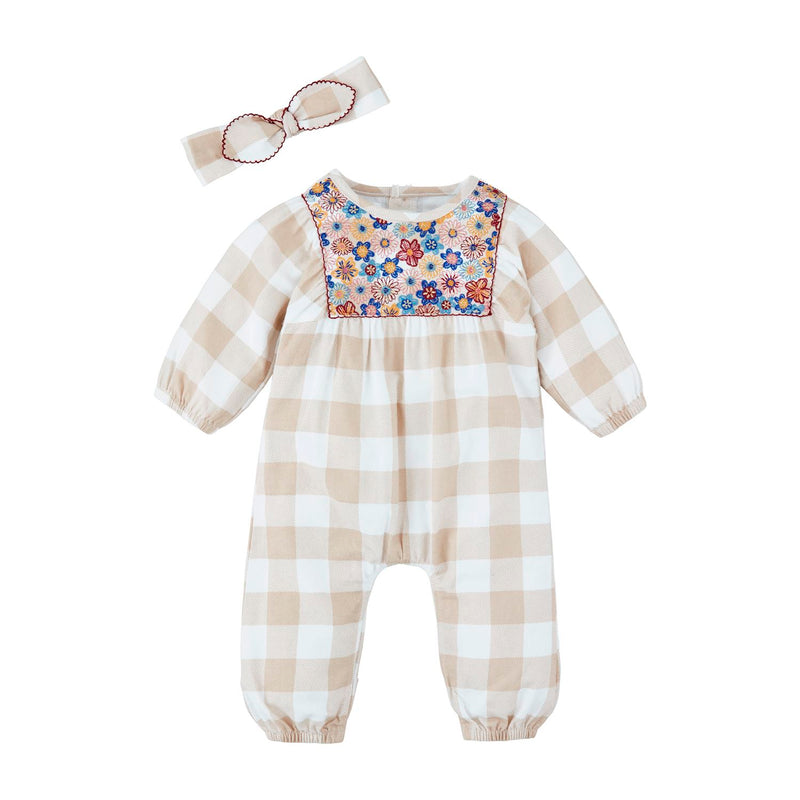 Neutral Check Floral Longall & Headband Set