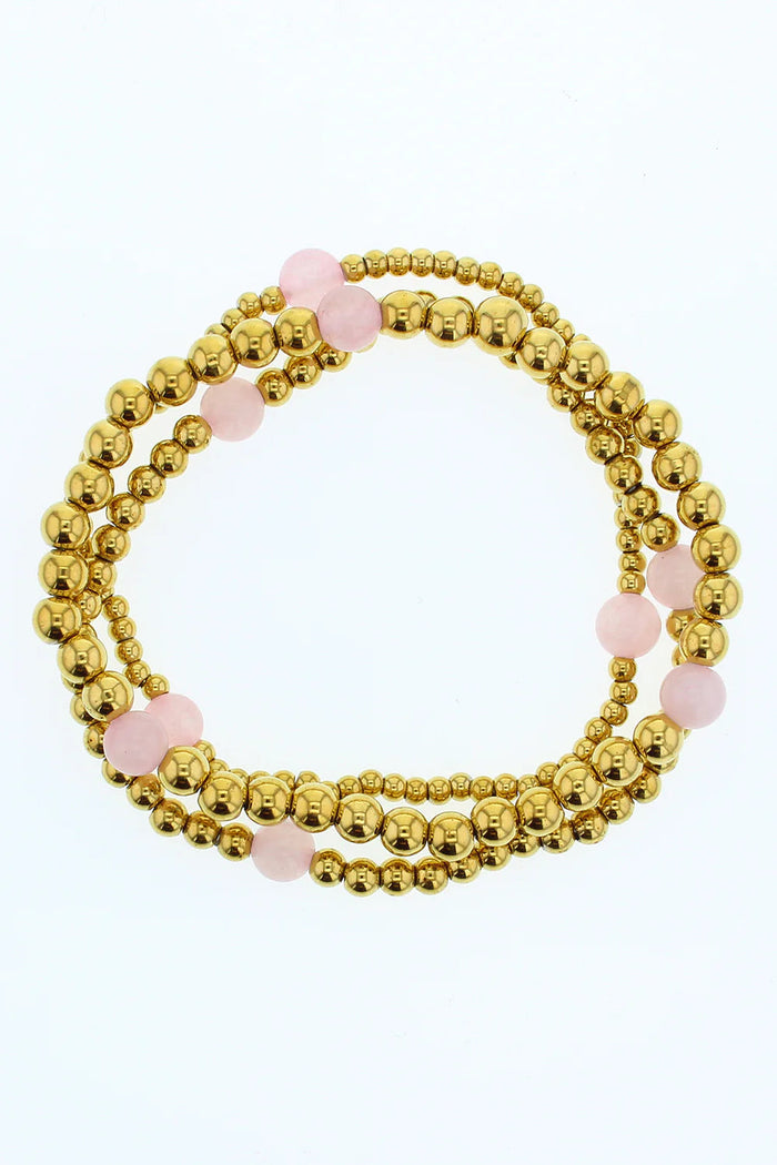 Lotus Tarnish Free Water Resistant Gold Beaded Bracelet Stack W/ Rose Quartz