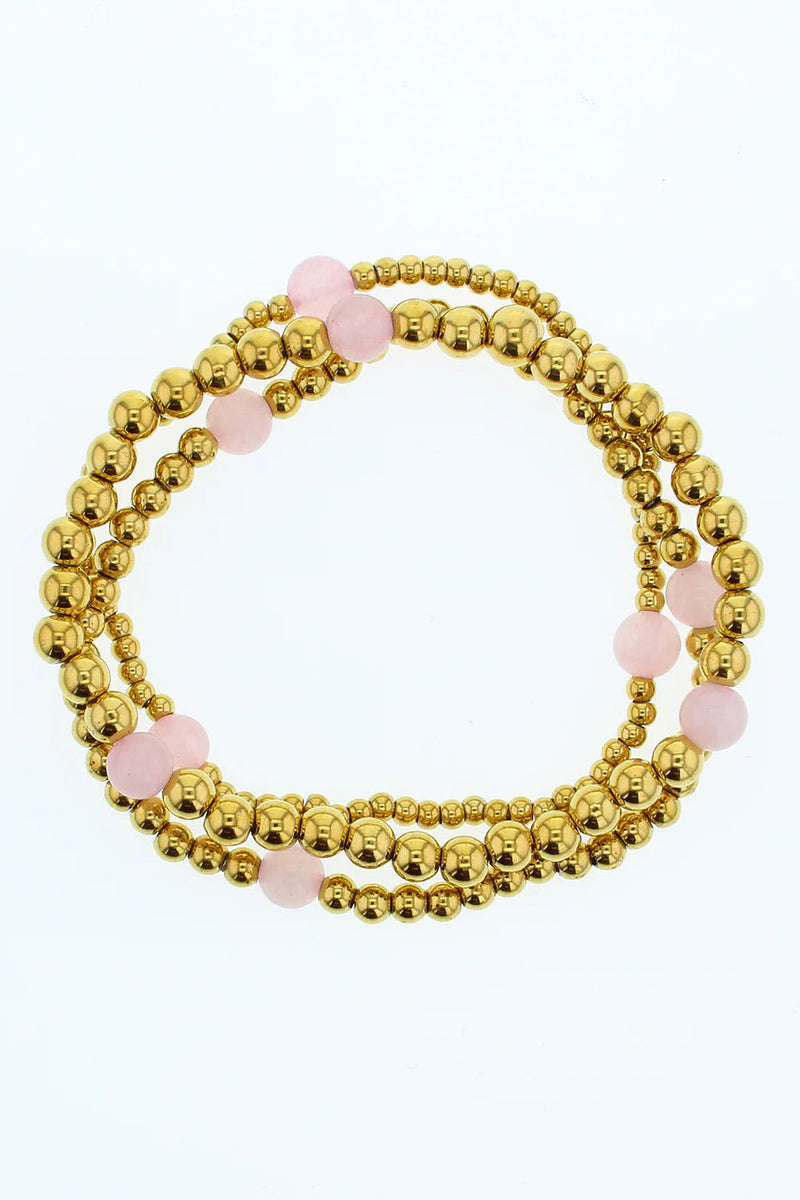 Lotus Tarnish Free Water Resistant Gold Beaded Bracelet Stack W/ Rose Quartz