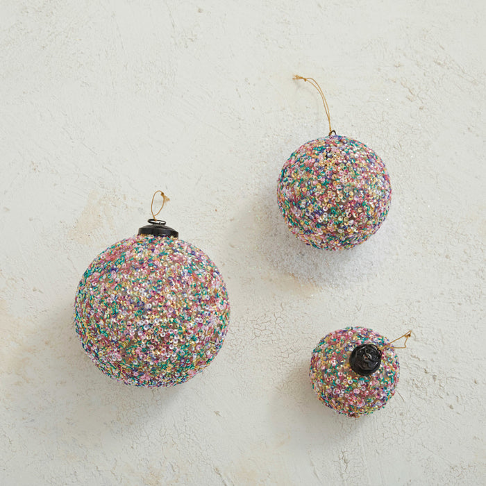 4” Round Recycled Glass Ball Ornament with Sequins