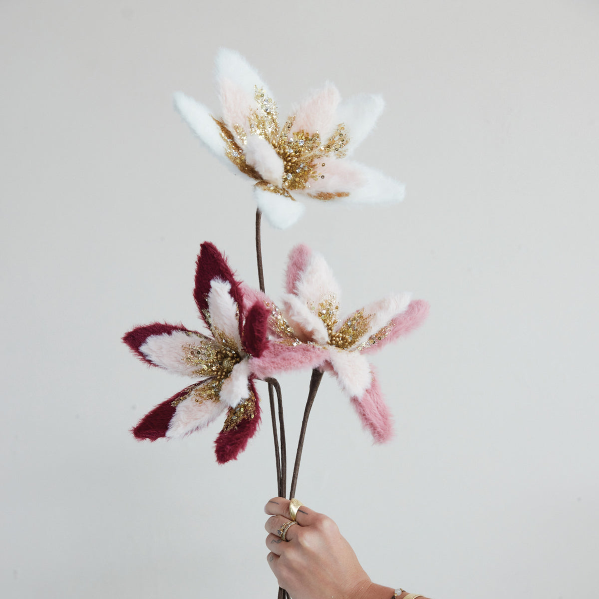 Faux Fur Poinsettia Stem with Glitter & Beads, 3 Colors