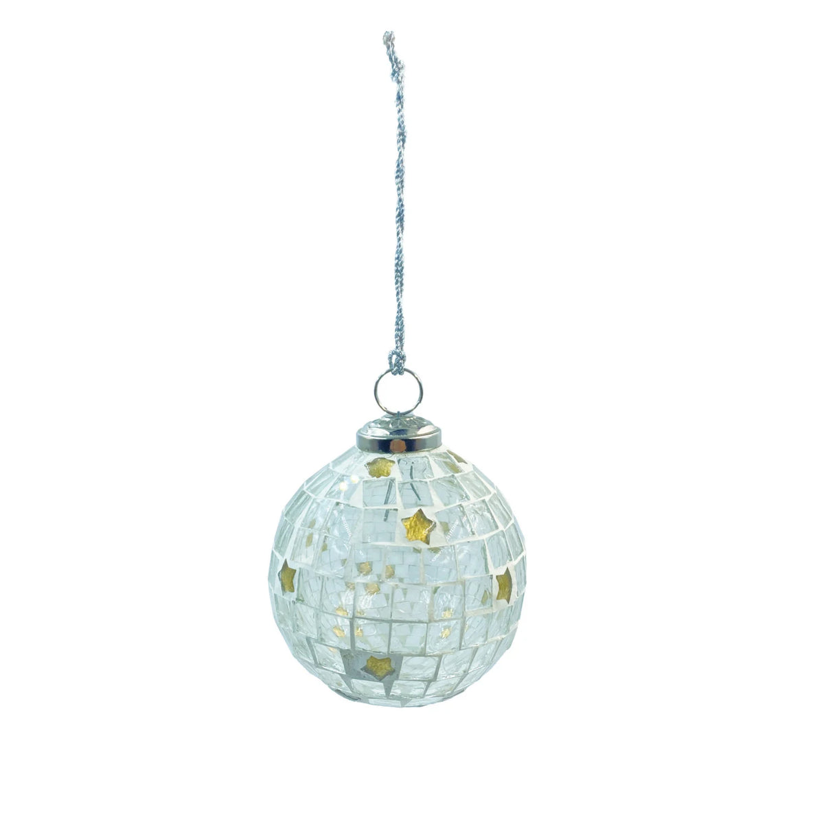 Glass Mosaic Ball Ornament with Stars, Gold Finish & White