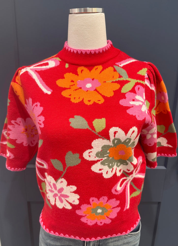 Lucy Red Floral Knit Sweater