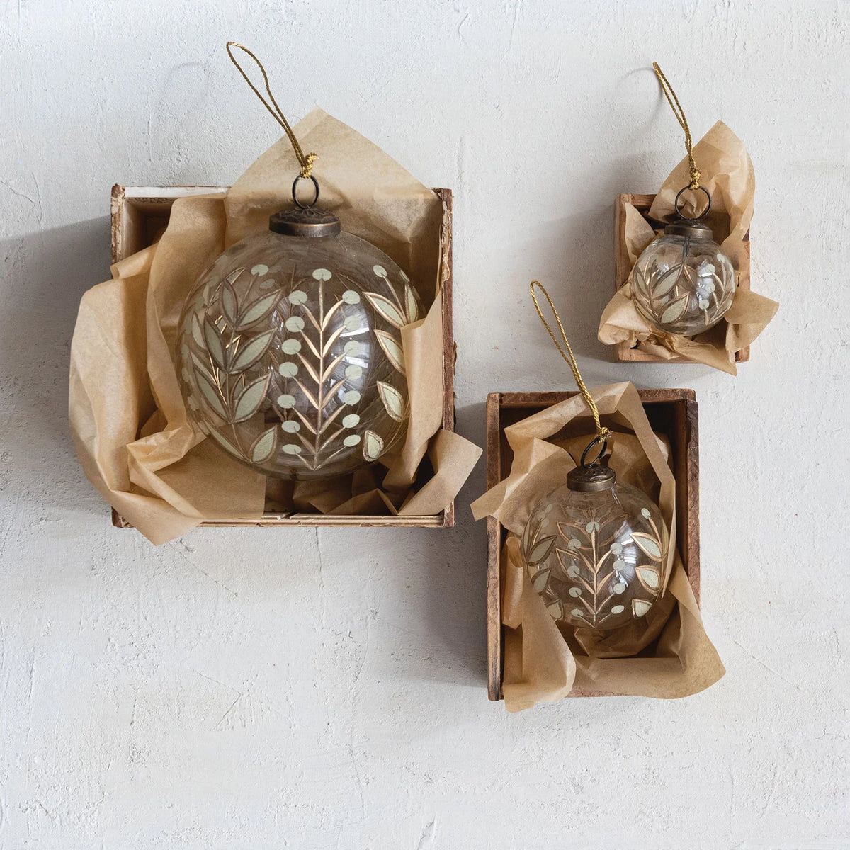 Hand Painted Etched Glass Ball Ornament with Botanical Design