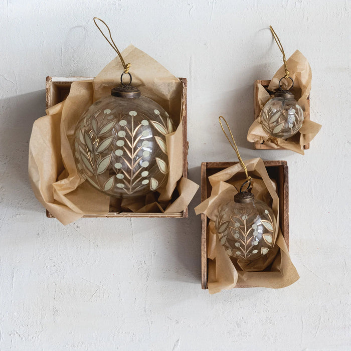 Hand Painted Etched Glass Ball Ornament with Botanical Design
