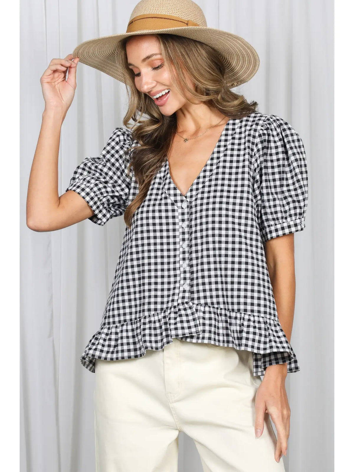 Gingham Short Puff Sleeves V-Neck Top
