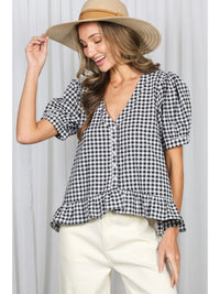 Gingham Short Puff Sleeves V-Neck Top