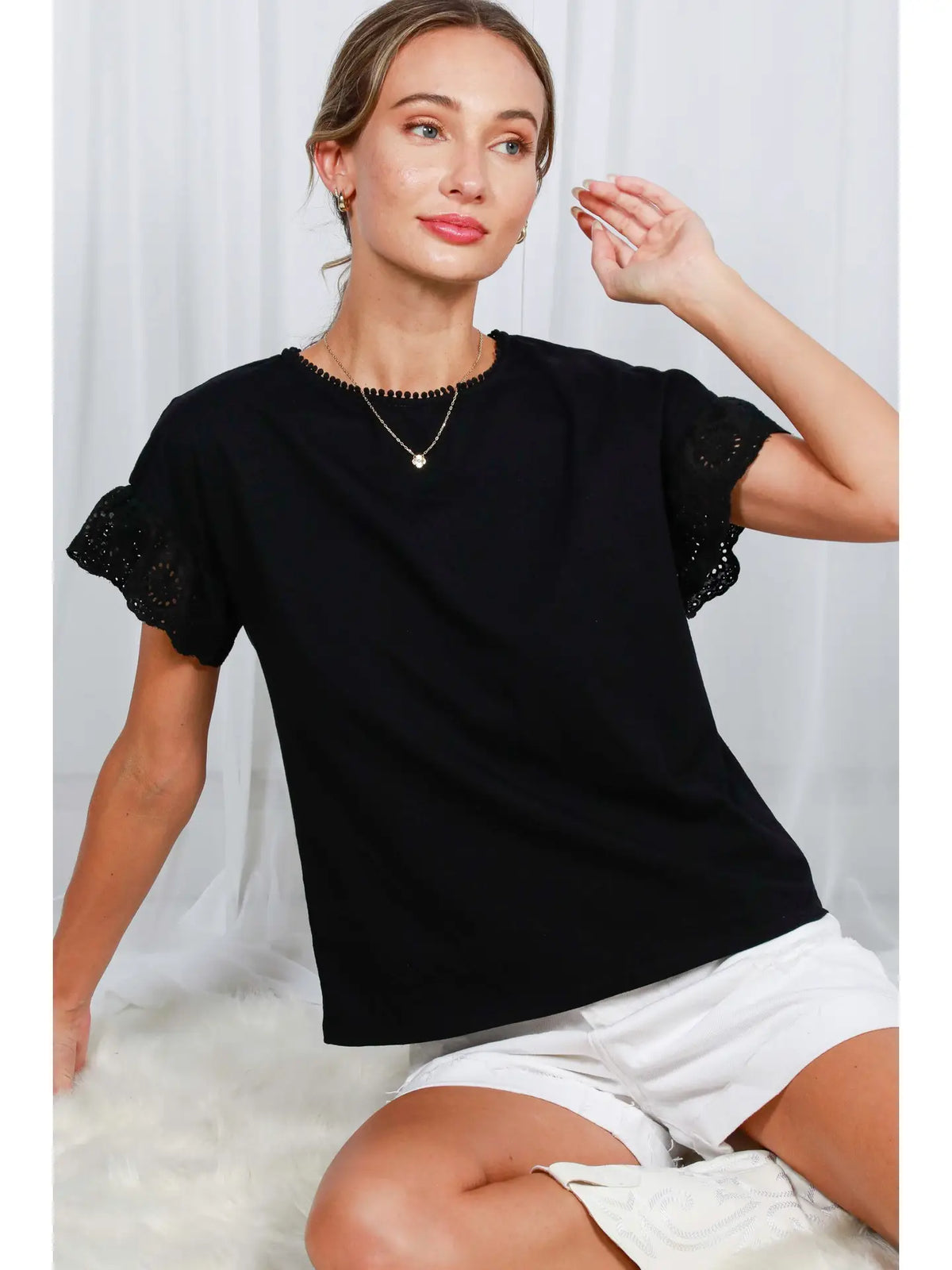 Robyn Eyelet Lace Trim Ruffle Sleeve Top