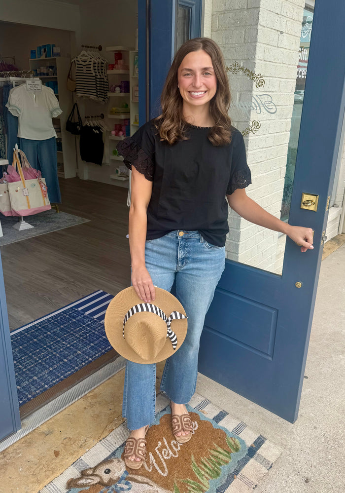 Robyn Eyelet Lace Trim Ruffle Sleeve Top