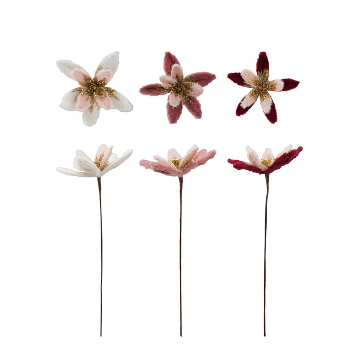 Faux Fur Poinsettia Stem with Glitter & Beads, 3 Colors