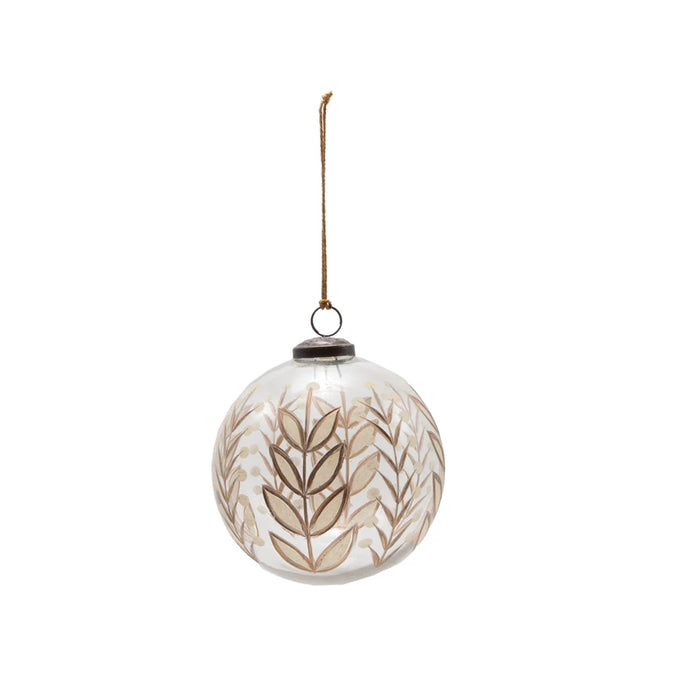 Hand Painted Etched Glass Ball Ornament with Botanical Design