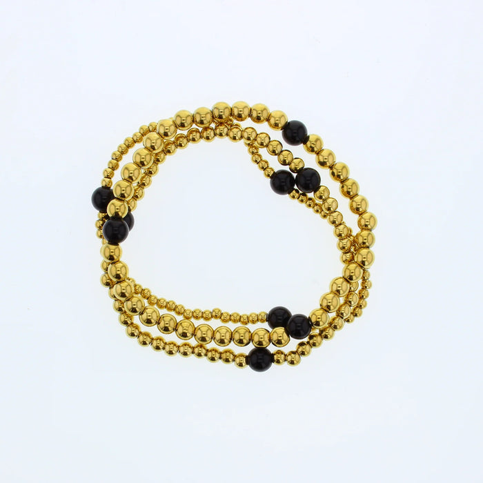 Lotus Tarnish Free Water Resistant Gold Sadie Beaded Bracelet Stack W/ Black Onyx