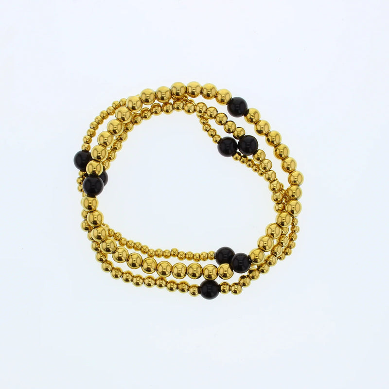 Lotus Tarnish Free Water Resistant Gold Sadie Beaded Bracelet Stack W/ Black Onyx