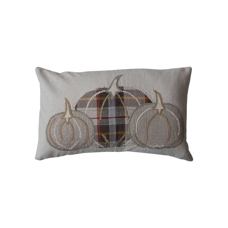 Cotton & Linen Lumbar Pillow w/ Appliquéd Pumpkins