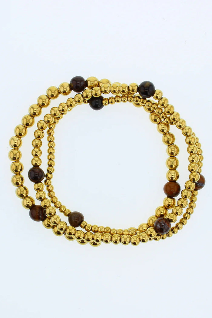 Lotus Tarnish Free Water Resistant Gold Sadie Beaded Braclet Stack W/ Tiger’s Eye