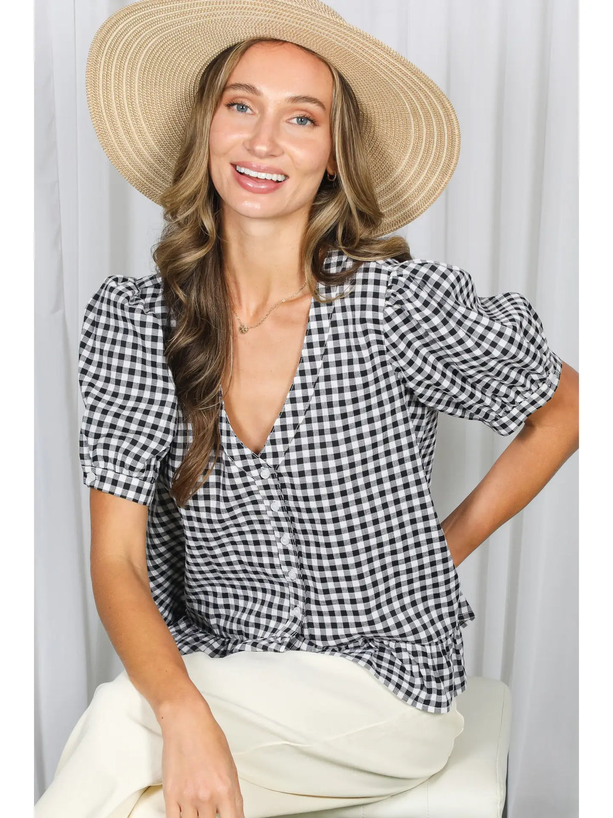 Gingham Short Puff Sleeves V-Neck Top