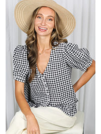 Gingham Short Puff Sleeves V-Neck Top