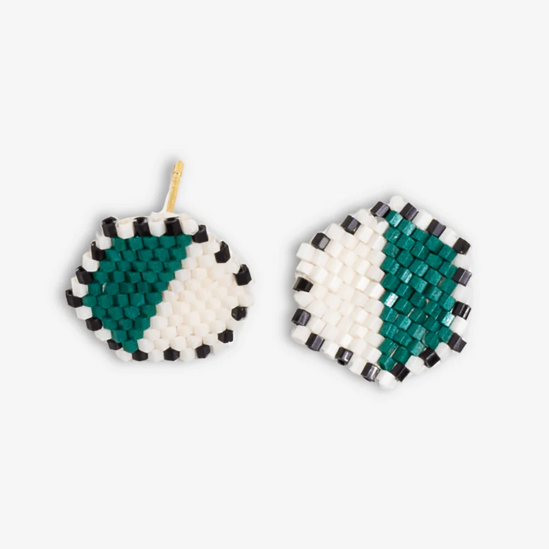 Casey Two Color Hexagon Post Beaded Earrings in Bright Emerald/Ivory