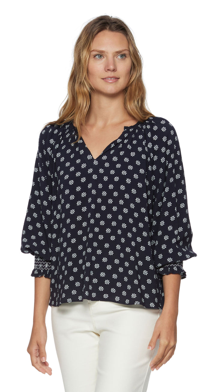 Cleo Long Sleeve Smocked Cuff Blouse - Navy