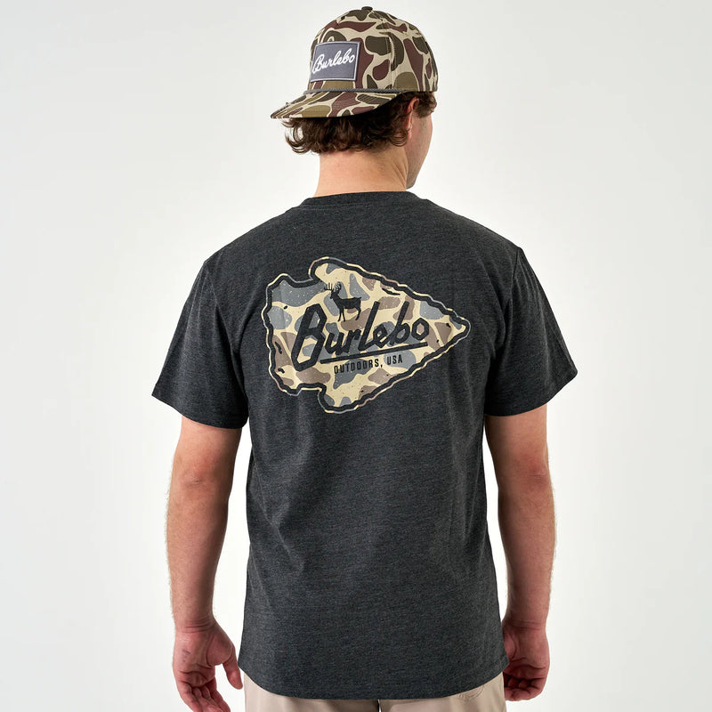 Burlebo Adult SS Tee - Classic Deer Camo Arrowhead Heather Black