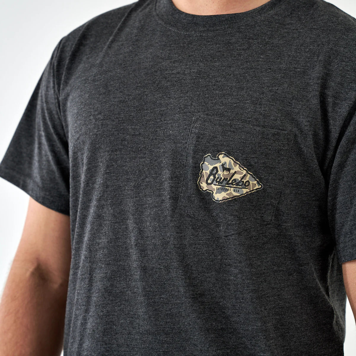 Burlebo Adult SS Tee - Classic Deer Camo Arrowhead Heather Black