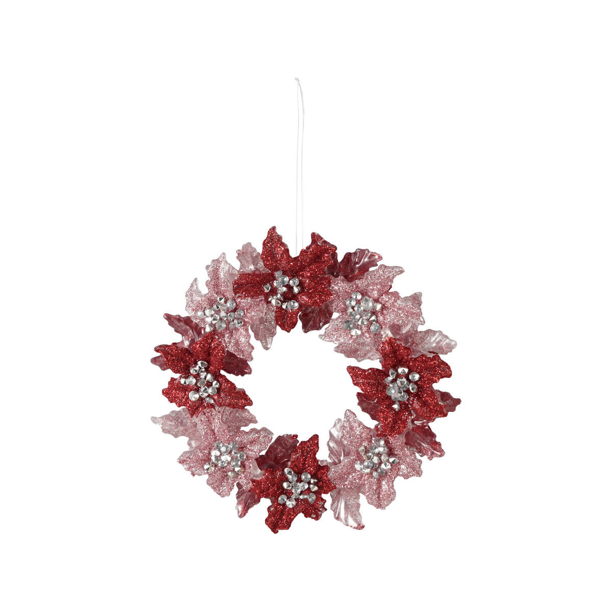Acrylic Poinsettia Wreath Ornament with Glitter, Red & Pink