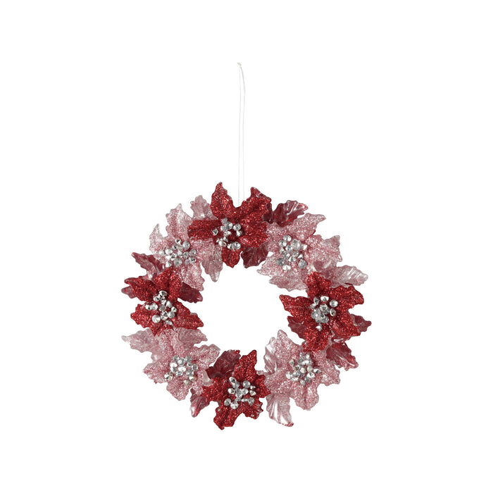 Acrylic Poinsettia Wreath Ornament with Glitter, Red & Pink