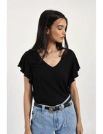 Shena Flutter Sleeve Knit Tee in Black