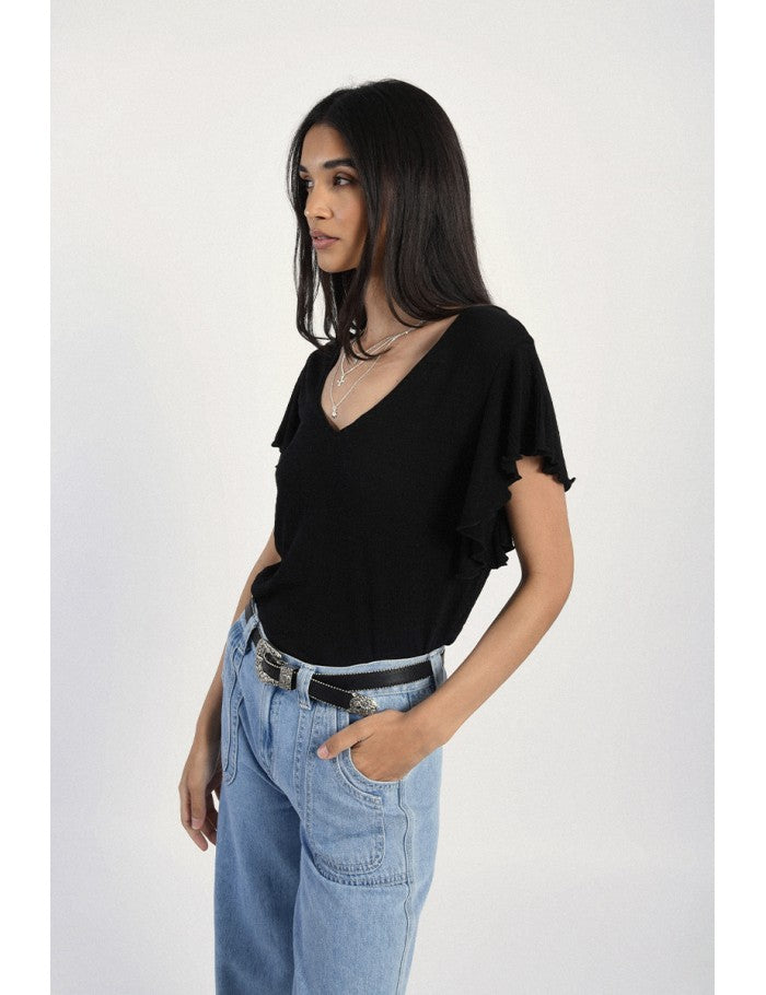 Shena Flutter Sleeve Knit Tee in Black