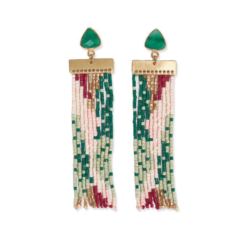 Lilah Semi-Precious Stone Earrings with Beaded Fringe in Emerald